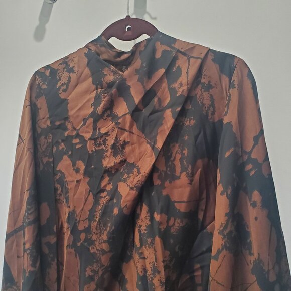 Zara New Brown & Black Abstract Tie Front Blouse with Full Cut Out Long Sleeve L - Picture 6 of 15